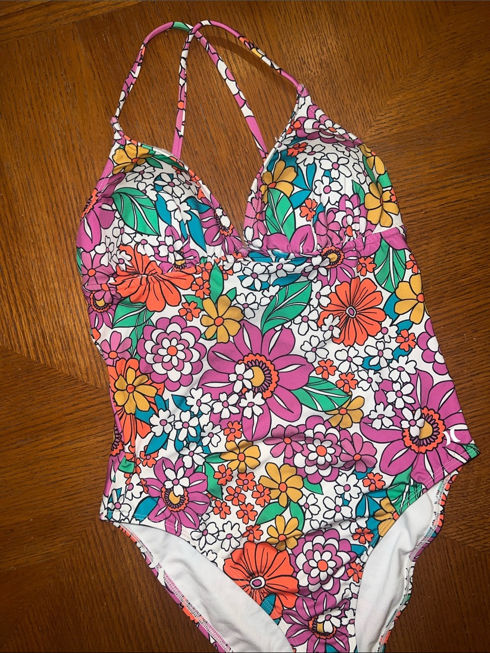 Floral Size small One-Piece Swimsuit - Pink Multi bright colors padding B17